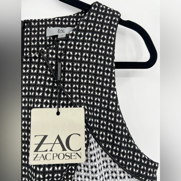 🆕 NWT Zac Posen VOGUE Peplum Midi Dress Printed Stretch Zip Black Gray White 14 - Picture 9 of 14